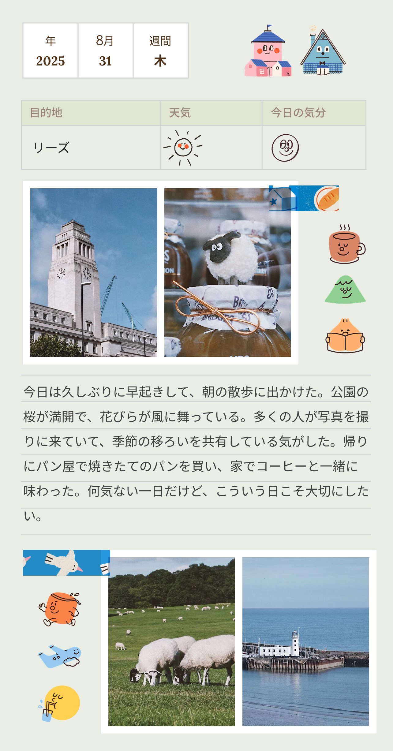 写真やシールを自由にレイアウトした旅行の手帳ページ