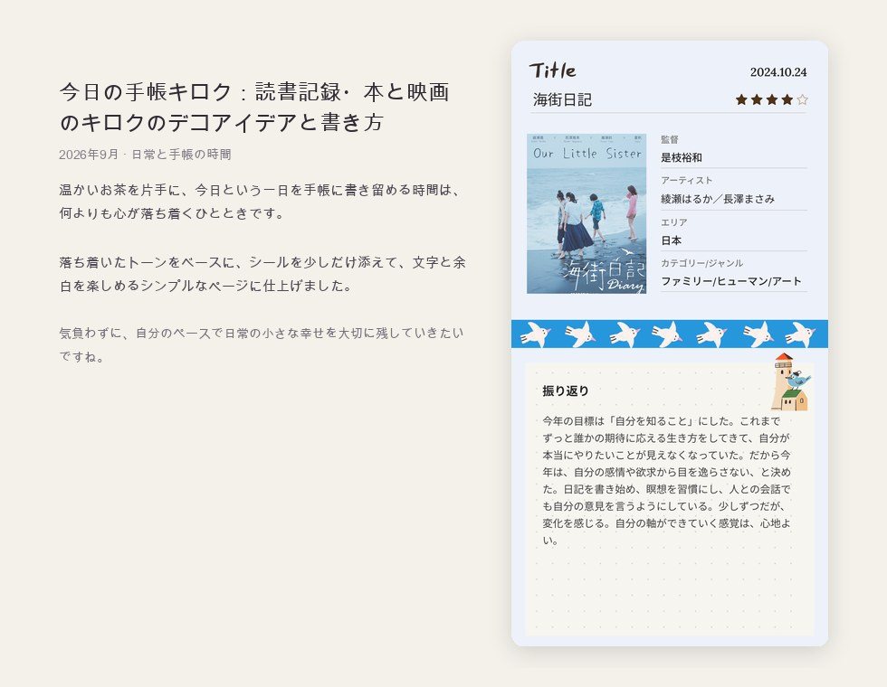 今日の手帳キロク：読書記録・本と映画のキロクのデコアイデアと書き方